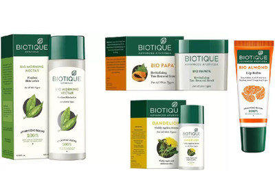 

BIOTIQUE BIO Morning Nectar Flawless Skin Lotion For All Skin Types, Bio Papaya Revitalizing Tan Removal Scrub, Bio Dandelion Ageless Lightening Serum, LIP CARE(Set of 4)