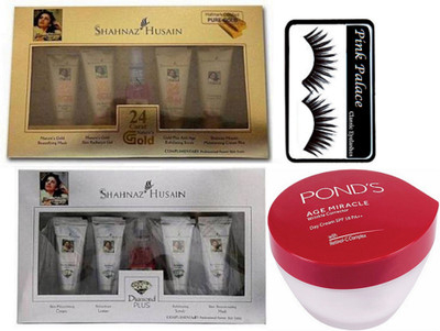 

pink palace Eyelashes,Shahnaz Husain Gold & Diamond Facial Kit , Ponds Age Miracle Day Cream(Set of 4)
