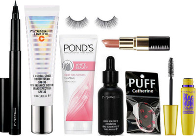 

catherine silicon puff, Mac lightful tinted cream, hyper real foundation, pen eyeliner, bobbi brown lipstick, the mag num mascara, ponds white beauty spot-less face wash(Set of 8)
