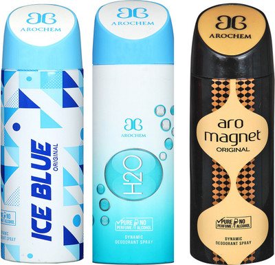 

arochem ICE BLUE &H20 & ARO MAGNET DYNAMIC DEODORANT SPRAY Body Spray - For Men & Women(600 ml, Pack of 3)