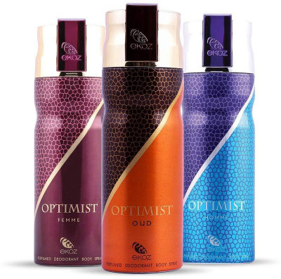 

Ekoz Optimist Men, Women And Oudh Deodorant Body Spray Combo For Men And Women (Pack Of 3, 200 ml Each) Gift for Wedding Anniversary Deodorant Spray - For Men & Women(600 ml, Pack of 3)