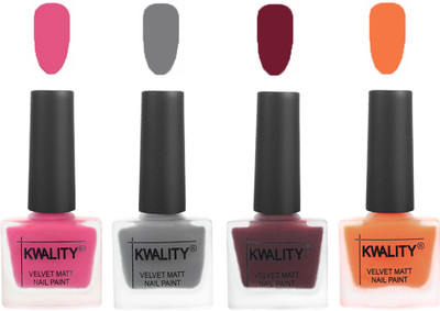

Kwality Velvet Dull Matte Nail Polish Pink Mania,Grey,Maroon,Peach(Pack of 4)
