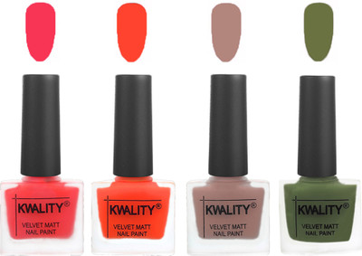 

Kwality Velvet Dull Matte Nail Polish Pink Mania,Candy Orange,Salmon Run,Olive Green(Pack of 4)