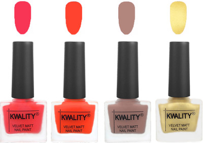 

Kwality Velvet Dull Matte Nail Polish Pink Mania,Candy Orange,Salmon Run,Golden(Pack of 4)