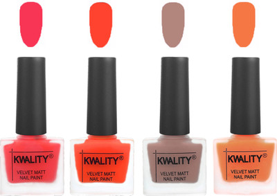 

Kwality Velvet Dull Matte Nail Polish Pink Mania,Candy Orange,Salmon Run,Peach(Pack of 4)
