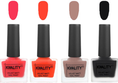 

Kwality Velvet Dull Matte Nail Polish Pink Mania,Candy Orange,Salmon Run,Black(Pack of 4)