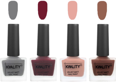

Kwality Velvet Dull Matte Nail Polish Grey,Maroon,Salmon Pink,Shock Brown(Pack of 4)