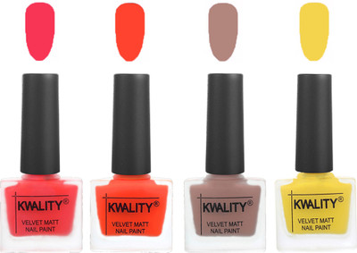 

Kwality Velvet Dull Matte Nail Polish Pink Mania,Candy Orange,Salmon Run,Yellow(Pack of 4)