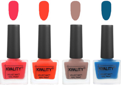 

Kwality Velvet Dull Matte Nail Polish Pink Mania,Candy Orange,Salmon Run,Peacock Blue(Pack of 4)
