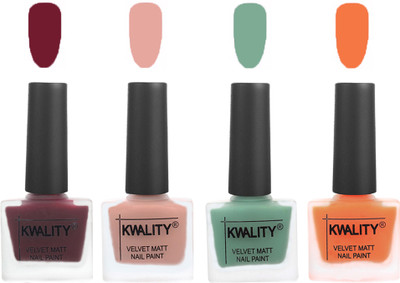 

Kwality Velvet Dull Matte Nail Polish Maroon,Salmon Pink,Mischievous Mint,Peach(Pack of 4)