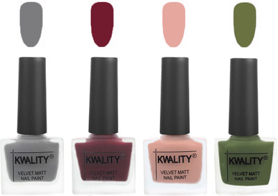 Kwality Velvet Dull Matte Nail Polish Grey,Maroon,Salmon Pink,Olive Green(Pack of 4)