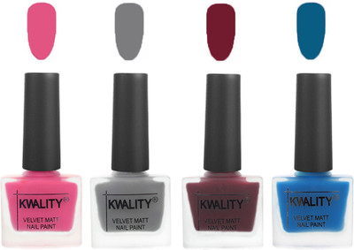 Kwality Velvet Dull Matte Nail Polish Pink Mania,Grey,Maroon,Peacock Blue(Pack of 4)