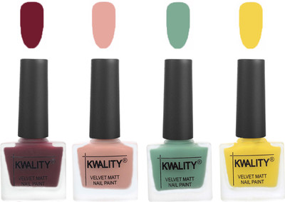 

Kwality Velvet Dull Matte Nail Polish Maroon,Salmon Pink,Mischievous Mint,Yellow(Pack of 4)