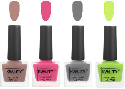 

Kwality Velvet Dull Matte Nail Polish Salmon Run,Pink Mania,Grey,Light Lemon Green(Pack of 4)