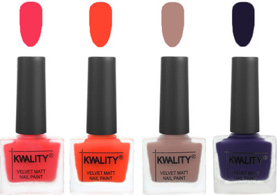 

Kwality Velvet Dull Matte Nail Polish Pink Mania,Candy Orange,Salmon Run,Royal Blue(Pack of 4)
