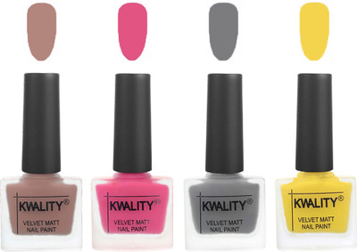 

Kwality Velvet Dull Matte Nail Polish Salmon Run,Pink Mania,Grey,Yellow(Pack of 4)