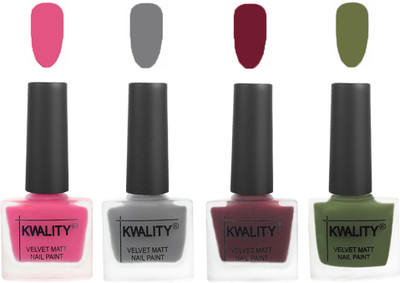 

Kwality Velvet Dull Matte Nail Polish Pink Mania,Grey,Maroon,Olive Green(Pack of 4)