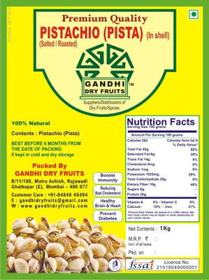 

Gandhi Dry Fruits (Pista) Quality 1 Kg Pistachios(1 kg, Pouch)