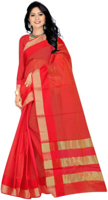 Matangi Exporter Self Design Banarasi Cotton Blend Saree(Red, Gold)