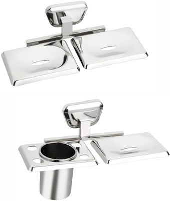 

Easyhome Furnish 2 Pieces Bathroom Accessories(1-Double Soap Dish,1-Soap Dish with Tumbler Holder)-Briza Series(Glossy Silver)
