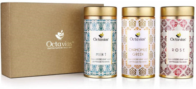Octavius Gourmet Tea Collection Tealightful Infusions Range ( Three Tin ) Mint, Chamomile, Rose Green Tea(60 Bags, Festive Gift Box)