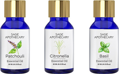 

Sage Apothecary Essential Oil Combo 3 in 1 pack (Patchouli, Citronella & Basil)│100% pure(10 ml)