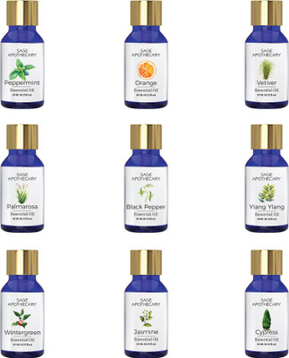 

Sage Apothecary Essential Oil Combo 9 in 1 pack (Vetiver, Orange, Peppermint, Cypress, Jasmine, Wintergreen, Ylang-Ylang, Black Pepper & Palmarosa)│100% pure(10 ml)
