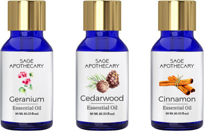 

Sage Apothecary Essential Oil Combo 3 in 1 pack (Geranium, Cedarwood & Cinnamon)│100% pure(10 ml)