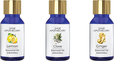 

Sage Apothecary Essential Oil Combo 3 in 1 pack (Lemon, Clove & Ginger)│100% pure(10 ml)