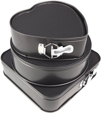 

WAMA RETAILS Cake Mould Aluminium with Locking Unlocking The Mould (Set of 3 Pcs) (Heart, Round and Square Shape). Glossy Black Color. Full Cake Maker Cake Maker
