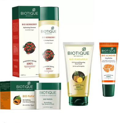 

BIOTIQUE BIO Papaya Revitalizing Tan Removal Scrub, Bio Berberry Hydrating Cleanser, Bio Pineapple Oil Control Foaming Face wash , LIP BALM(Set of 4)