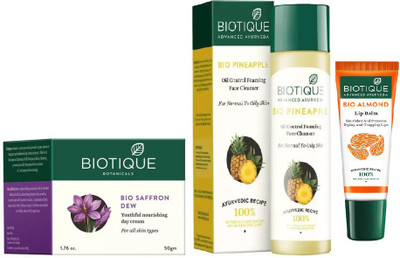 

BIOTIQUE BIO Saffron Dew Youthful Nourishing Day Cream, Bio Pineapple Oil Control Face Cleanser For Normal To Oil Skin , lip care(Set of 3)