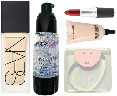 

Ultimate silicon puff, Mac select coverup concealer, finish matte lipstick, Nars foundation, skin caviar primer(Set of 5)