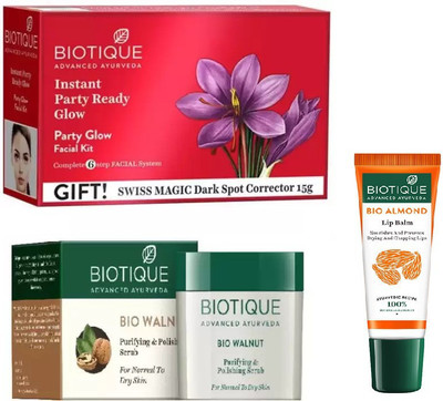 

BIOTIQUE BIO PARTY GLOW FACIAL KIT, WALNUT PURIFYING & POLISHING SCRUB, LIP CARE(Set of 3)