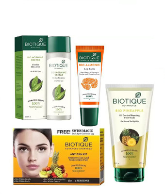 

BIOTIQUE BIO Morning Nectar Flawless Skin Lotion For All Skin Types, Bio Pineapple Oil Control Foaming Face Wash, Bio Anti Tan Facial Kit , LIP CARE(Set of 4)