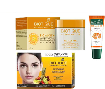 

BIOTIQUE BIO Aloe Vera 30+ Spf Sunscreen Cream, Bio Anti Tan Facial Kit , LIP CARE(Set of 3)