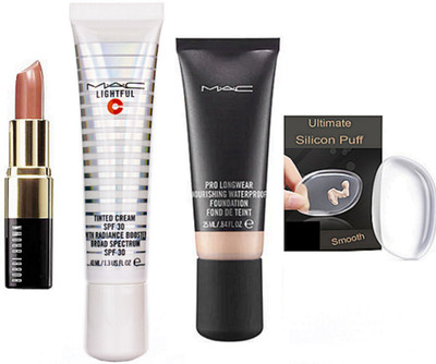 

Ultimate Silicon Puff With Mac Pro longwear Foundation & Lightfull Tinted Cream SPF 30,Bobbi Brown Lipstick Nude Shade(Set of 4)