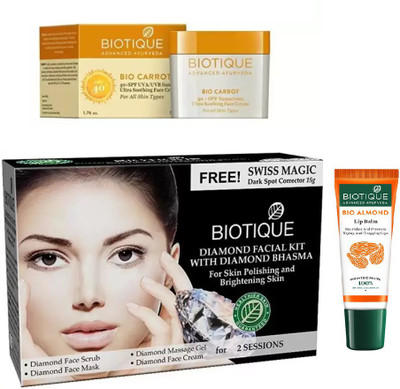 

BIOTIQUE BIO o Carrot 40+ SPF Sunscreen Ultra Soothing Face Cream, Bio Diamond Facial Kit, LIP CARE(Set of 3)
