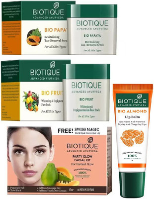 

BIOTIQUE BIO Fruit Face Pack, Bio Papaya Revitalizing Tan Removal Scrub, Bio Party Glow Facial Kit , LIP CARE(Set of 4)