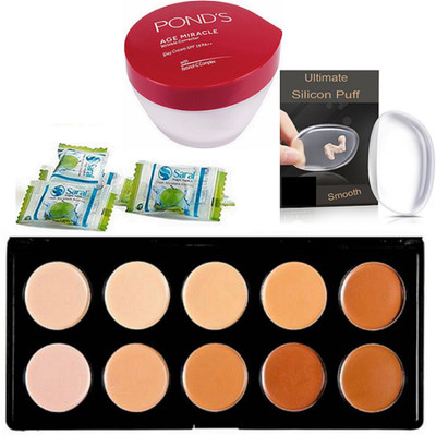 

Ultimate Silicon Puff With Mac 10 Shades Concealer Palette & Pond's Age Miracle Day Cream & Magic Napkin pack of 3(Set of 6)
