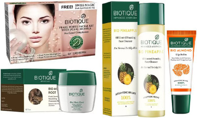 

BIOTIQUE BIO Pearl White Facial Kit, Pineapple Oil Control Face Cleanser For Normal To Oil Skin, Bio Musk Root Treatment Pack, LIP CARE(Set of 4)