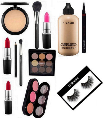 

Ultimate Eyelashes & Mac face and body Foundation,3 Shade Blusher With 9 shades Eye shadow Palette,Pen Eyeliner & 2 makeup Brush & Matte Finish Long Lasting Lipsticks 3 shades & Studio Fix Compact, Pencil kajal(Set of 12)