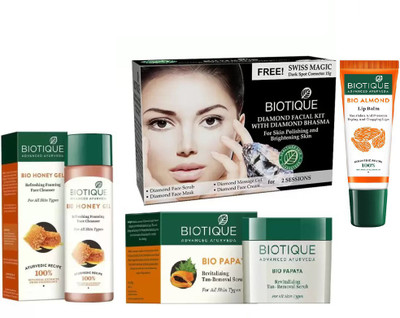 

BIOTIQUE BIO Honey Gel Refreshing Foaming Face Cleanser For All Skin Types, Bio Diamond Facial Kit, Bio Papaya Revitalizing Tan Removal Scrub, LIP BALM(Set of 4)
