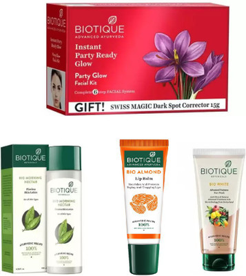 

BIOTIQUE BIO BIO PARTY GLOW FACIAL KIT, Morning Nectar Flawless Skin Moisturizer, white advanced fairness face wash, LIP CARE(Set of 4)