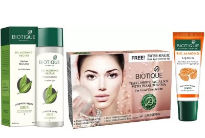 

BIOTIQUE BIO Morning Nectar Flawless Skin Lotion, Bio Pearl White Facial Kit , LIP CARE(Set of 3)