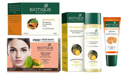 

BIOTIQUE BIO Party Glow Facial Kit, Bio Papaya Revitalizing Tan Removal Scrub, Bio Pineapple Oil Control Face Cleanser For Normal To Oil Skin, LIP CARE(Set of 4)