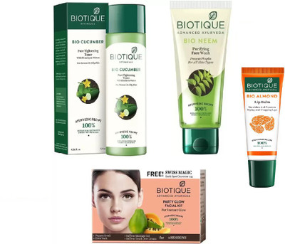 

BIOTIQUE BIO Cucumber Pore Tightening Toner, Bio Neem Purifying Neem Face Wash, Bio Party Glow Facial Kit, LIP CARE(Set of 4)