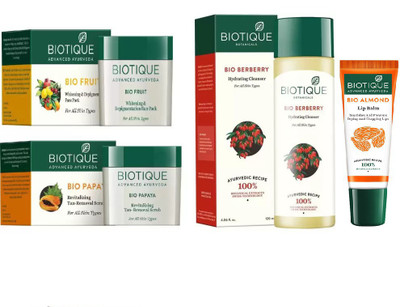 

BIOTIQUE BIO Fruit Face Pack, Bio Papaya Revitalizing Tan Removal Scrub, Bio Berberry Hydrating Cleanser, LIP CARE(Set of 4)