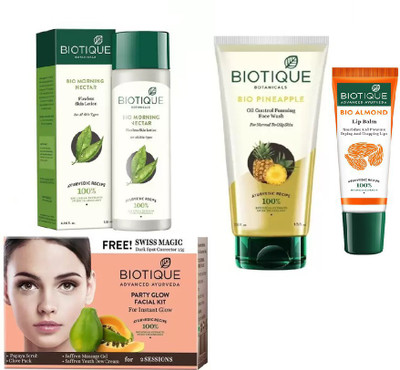 

BIOTIQUE BIO Morning Nectar Flawless Skin Lotion, Bio Party Glow Facial Kit, Bio Pineapple Oil Control Foaming Face Wash , LIP BALM(Set of 4)