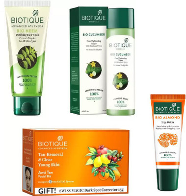 

BIOTIQUE BIO anti-tan facial kit, Neem Purifying Face Wash, Cucumber Pore Tightening Toner, LIP CARE(Set of 4)
